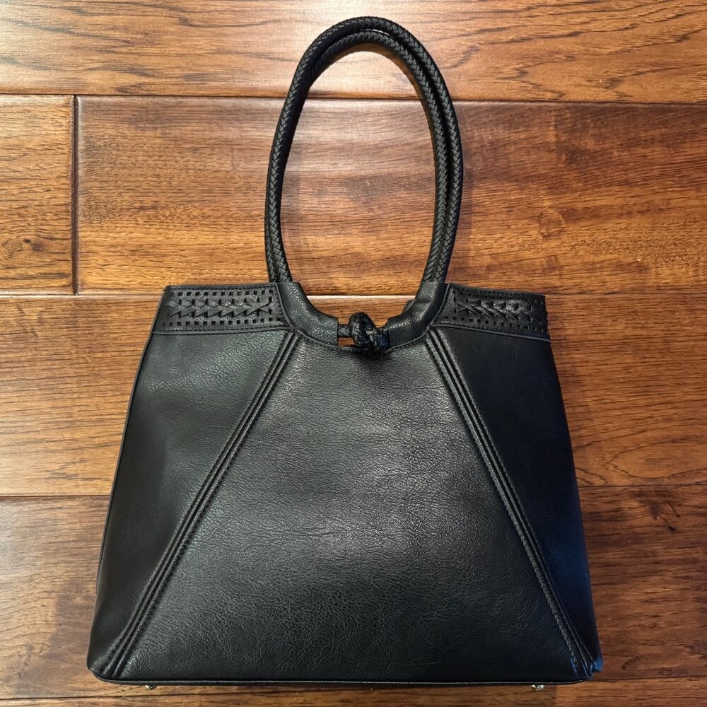 Black Leather Bag Double Handle Tote - Picture 2 of 4